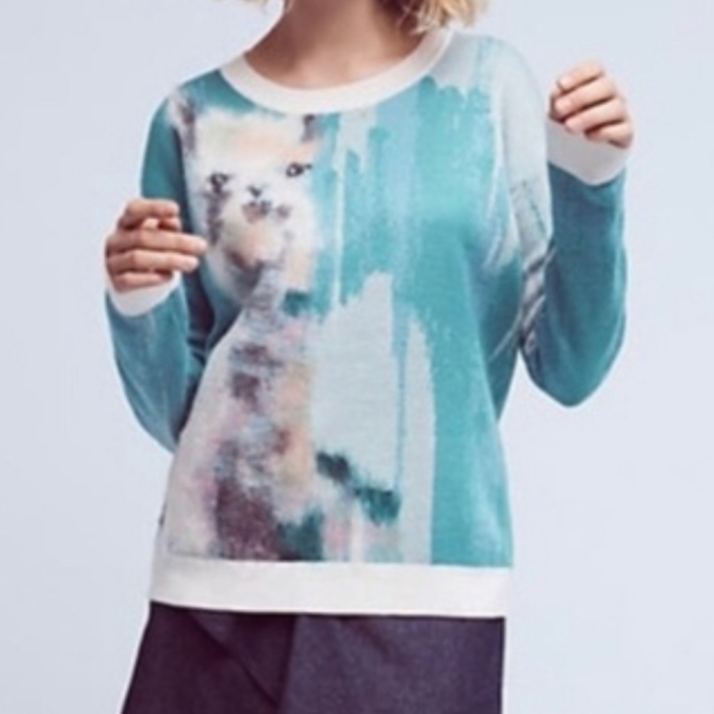 Anthropologie Lauren Walcott Llama Watercolor Sweater Size L